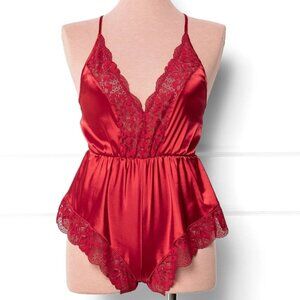 Mentionables Lacy Plunge Satin Romper-Red